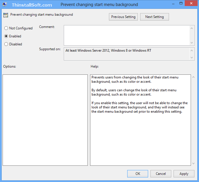 Prevent changing start menu background in Windows 8